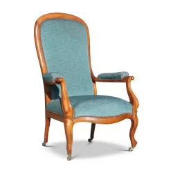 胡桃木、绿色马海毛天鹅绒面料的伏尔泰座椅