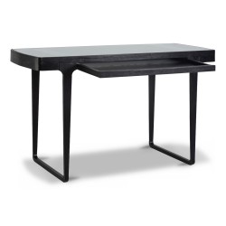 Ein flacher Schreibtisch „Monfort“, schwarze Farbe, Glasplatte