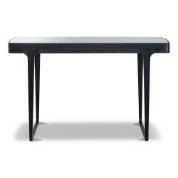 Ein flacher Schreibtisch „Monfort“, schwarze Farbe, Glasplatte