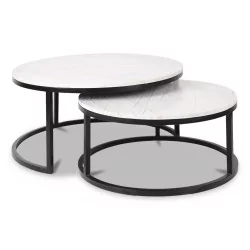 A set of two Carrara marble tables, black steel