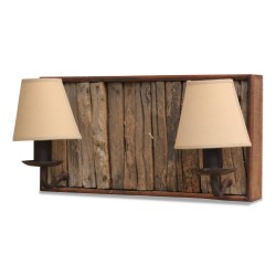 A two-light wooden light fixture with beige lampshade