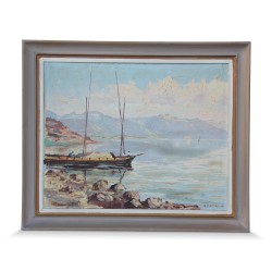 Une oeuvre "Barque du Léman et montagne" signé Gaston Robert Peitrequin