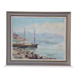 Ein Werk „Boot auf dem Genfersee und in den Bergen“, signiert von G.R. Peitrquin