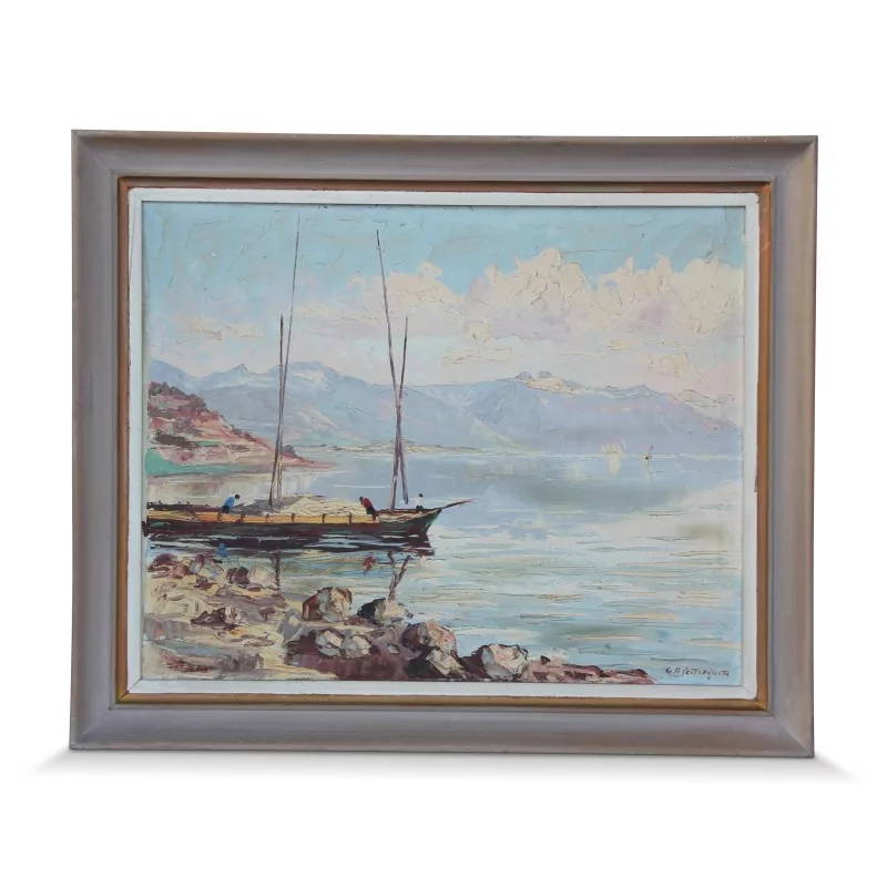 A work \"Lake Geneva Boat and Mountain\" by Gaston Robert Peitrequin - Moinat - Painting - Landscape