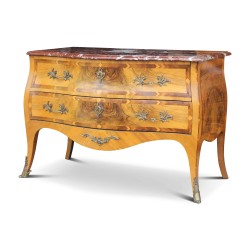 A walnut storage unit with marble top including two drawers