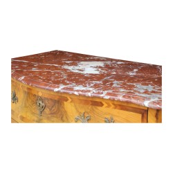 A walnut storage unit with marble top including two drawers