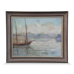 作品《日内瓦湖上的三桅帆船》署名路易斯·阿梅迪·博迪 (Louis Amédée Baudit)