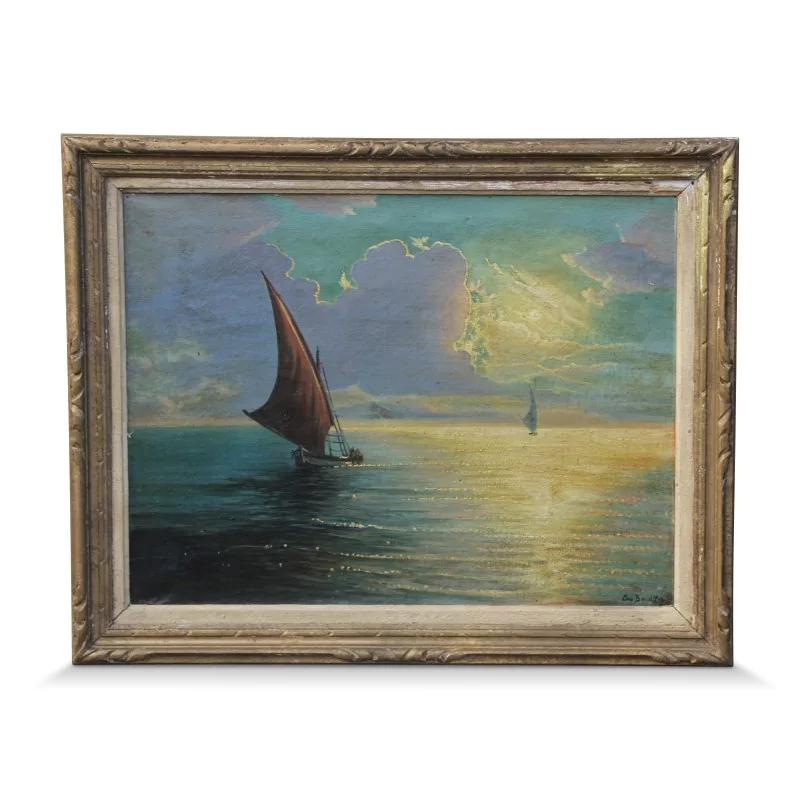 Une oeuvre "Barques au soleil couchant" signé Louis Amédée Baudit - Moinat - Tableaux - Marine