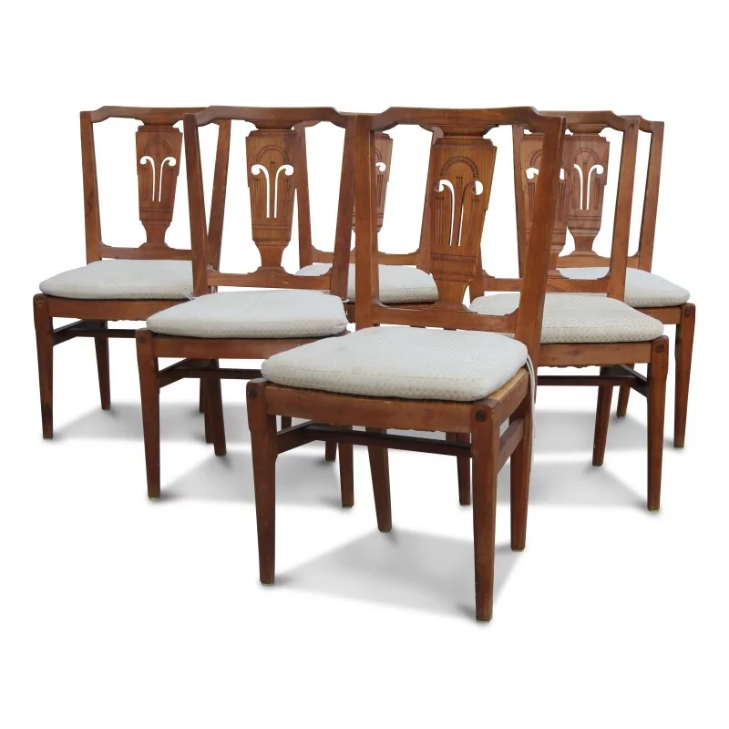Un lot de six chaises directoire paillées en merisier - Moinat - Chaises