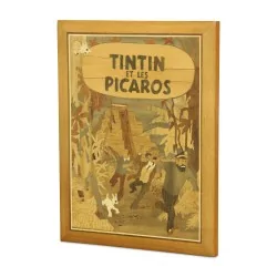 A richly inlaid wood painting \"Tintin and the Picaros\"
