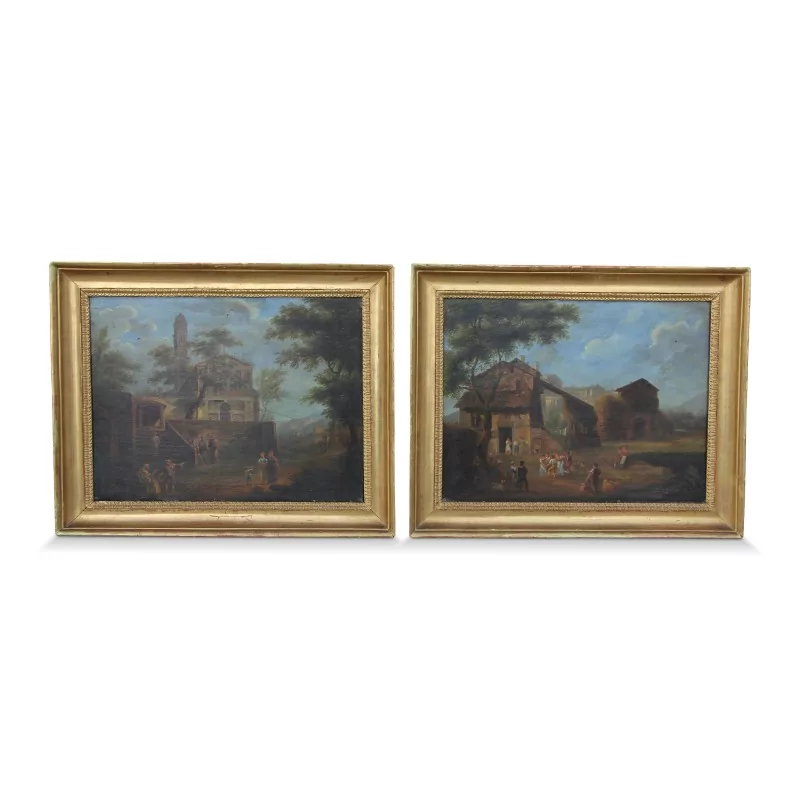 A pair of oils on wood “The village festival” and “In front of the church” - Moinat - Painting - Miscellaneous
