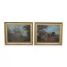 A pair of oils on wood “The village festival” and “In front of the church” - Moinat - Painting - Miscellaneous