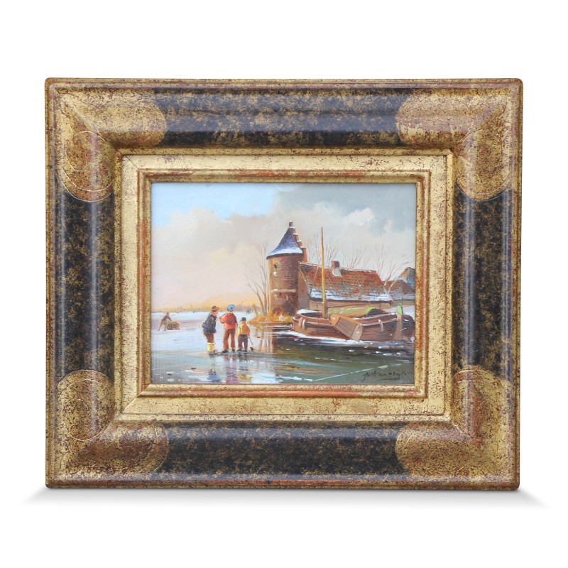 Un tableau sur bois "Paysage hollandais" signé Willem Heijkoop (1877-1942). Hollande - Moinat - Tableaux - Paysage
