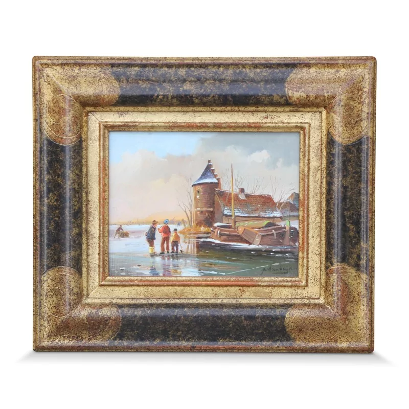 Un tableau sur bois "Paysage hollandais" signé Willem Heijkoop (1877-1942). Hollande - Moinat - Tableaux - Paysage