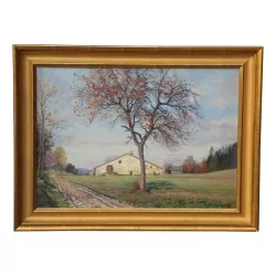 Un tableau "La ferme" signé Edouard Jeanmaire (1847-1916). Suisse.