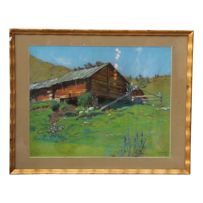 Oil chalk painting “Mazot” signed Maurice Robert (1909-1992). Thyon. Swiss. - Moinat - Painting - Landscape