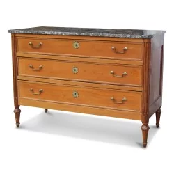 A Louis XVI mahogany chest of drawers, three drawers, Sainte Anne gray marble top