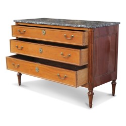 A Louis XVI mahogany chest of drawers, three drawers, Sainte Anne gray marble top