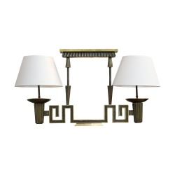 A bronze chandelier, burnished patina, two lights with white lampshade. Around 1930