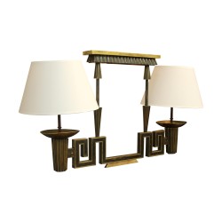A bronze chandelier, burnished patina, two lights with white lampshade. Around 1930