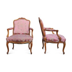 A pair of Louis XV beech armchairs, flat back