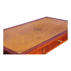 A “Mailfert” flat directorial desk in cherry wood. Leather-topped tray, three drawers