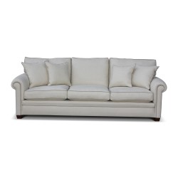 A three-seater \"Bahamas\" sofa covered in beige linen fabric and gray piping