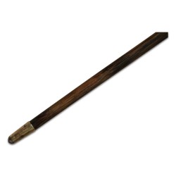 A wooden cane and cross with silver metal piece inlaid in the wood
