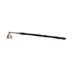 A silver-plated candle snuffer, wooden handle