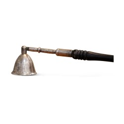 A silver-plated candle snuffer, wooden handle