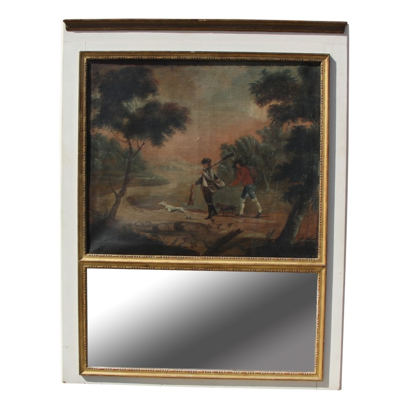 Un Verni Martin comprenant une huile sur toile "Scène de chasse" et un miroir - Moinat - Tableaux - Divers