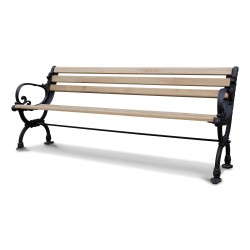An “Annecy” bench in natural oak, cast iron base, black color