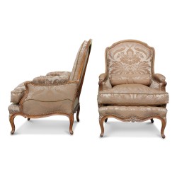 A pair of Louis XV beech shepherdess, low feet, horsehair and feather filling