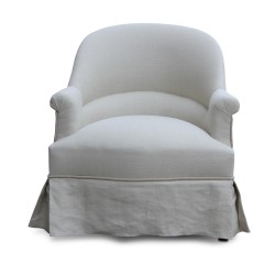 A toad seat, covered in ecru linen fabric, conventional filling.