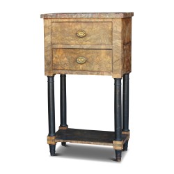 An Empire bedside table with a column in burr walnut, top in pink \"Grindelwald\" marble