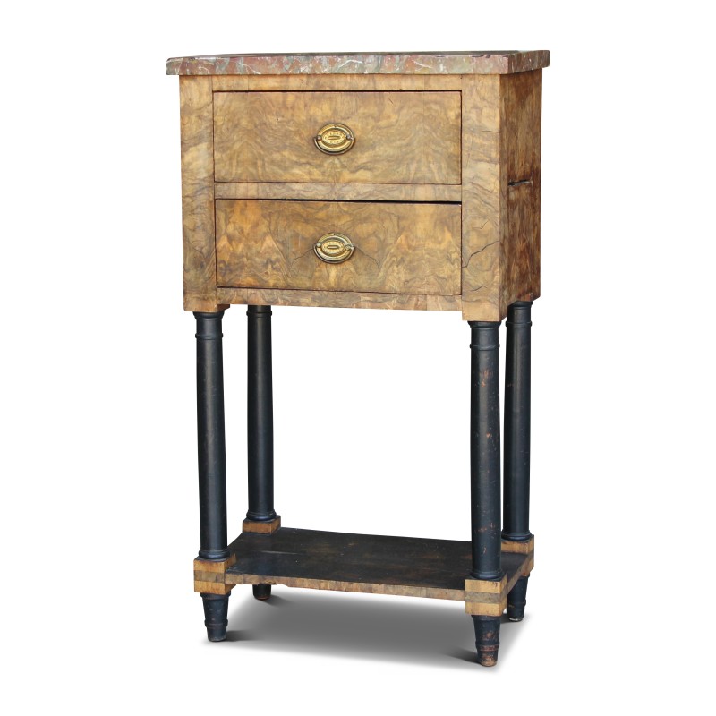 An Empire bedside table with a column in burr walnut, top in pink \"Grindelwald\" marble - Moinat - End tables, Bouillotte tables, Bedside tables, Pedestal tables