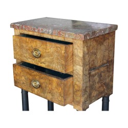 An Empire bedside table with a column in burr walnut, top in pink \"Grindelwald\" marble