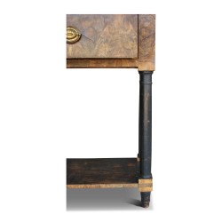 An Empire bedside table with a column in burr walnut, top in pink \"Grindelwald\" marble