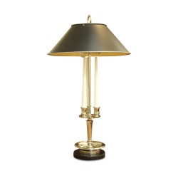 A 2-light ASCOT lamp in polished nickel with black metal shade.