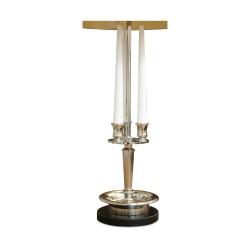 A 2-light ASCOT lamp in polished nickel with black metal shade.