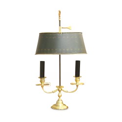 A two-light bouillotte light fixture, green sheet metal lampshade, gilded bronze base