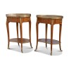 A pair of richly inlaid rosewood oval bedside tables mounted on oak. Paris - Moinat - End tables, Bouillotte tables, Bedside tables, Pedestal tables