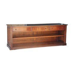 A cherry wood sofa back console with glass top. Three drawers and a shelf.