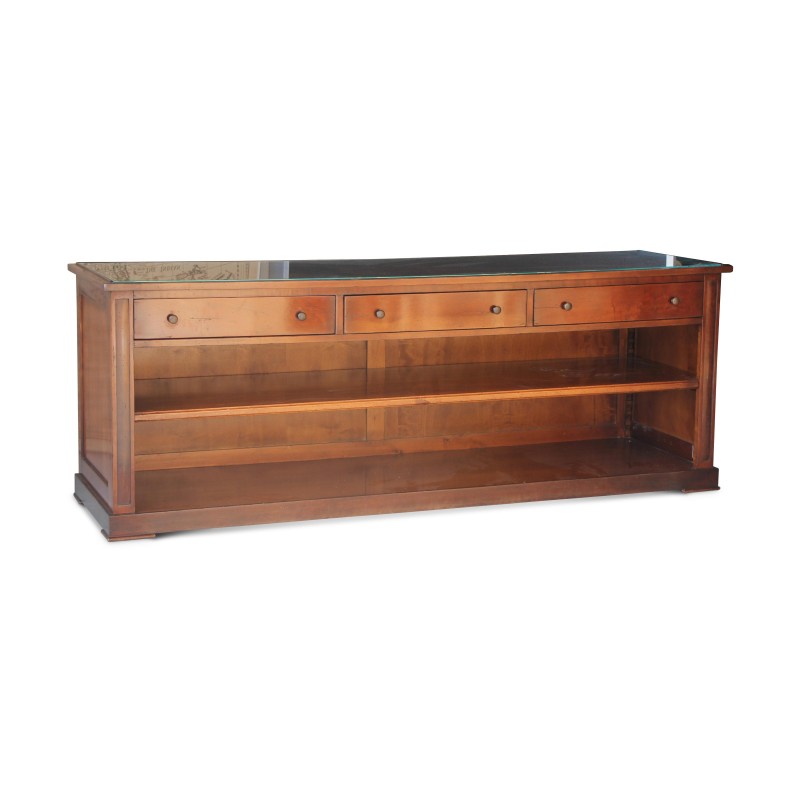 A cherry wood sofa back console with glass top. Three drawers and a shelf. - Moinat - Consoles, Side tables, Sofa tables