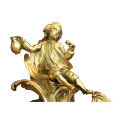 A Louis XV rocaille fireplace accessory \"Aux Pontys\" in gilded bronze