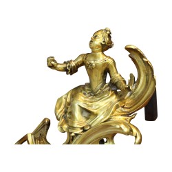 A Louis XV rocaille fireplace accessory \"Aux Pontys\" in gilded bronze