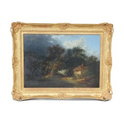 Ein Werk mit dem Titel \"Haus im Wald\", das Rombouts Gillis (1630–1672) zugeschrieben wird. Holland