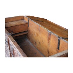 A richly carved fir chest, \"Gstaad Valley\" style, with a lock and storage box. Circa 1732