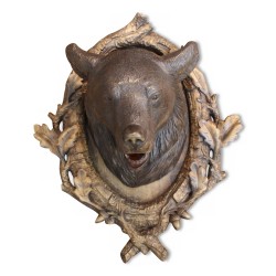 Sculpture "Tête d ours avec collier" en bois de Brienz