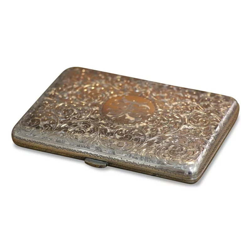 Porte monnaie en argent, intérieur cuir avec feuille d os, décor Nieller avec crayon - Moinat - Silverware